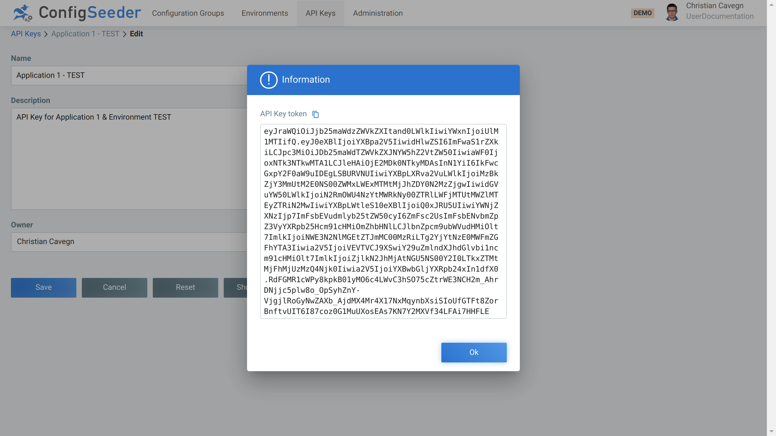 Show token of an API Key