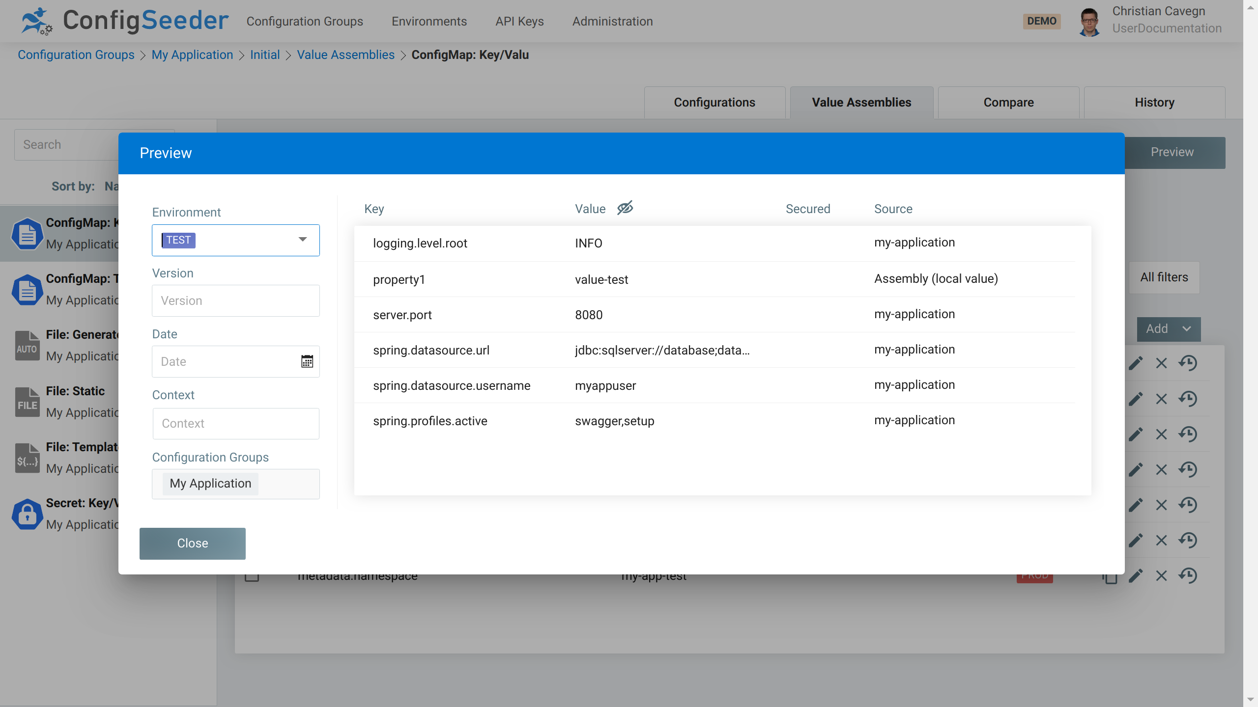 Configuration assembly preview for ConfigMap Key/Value