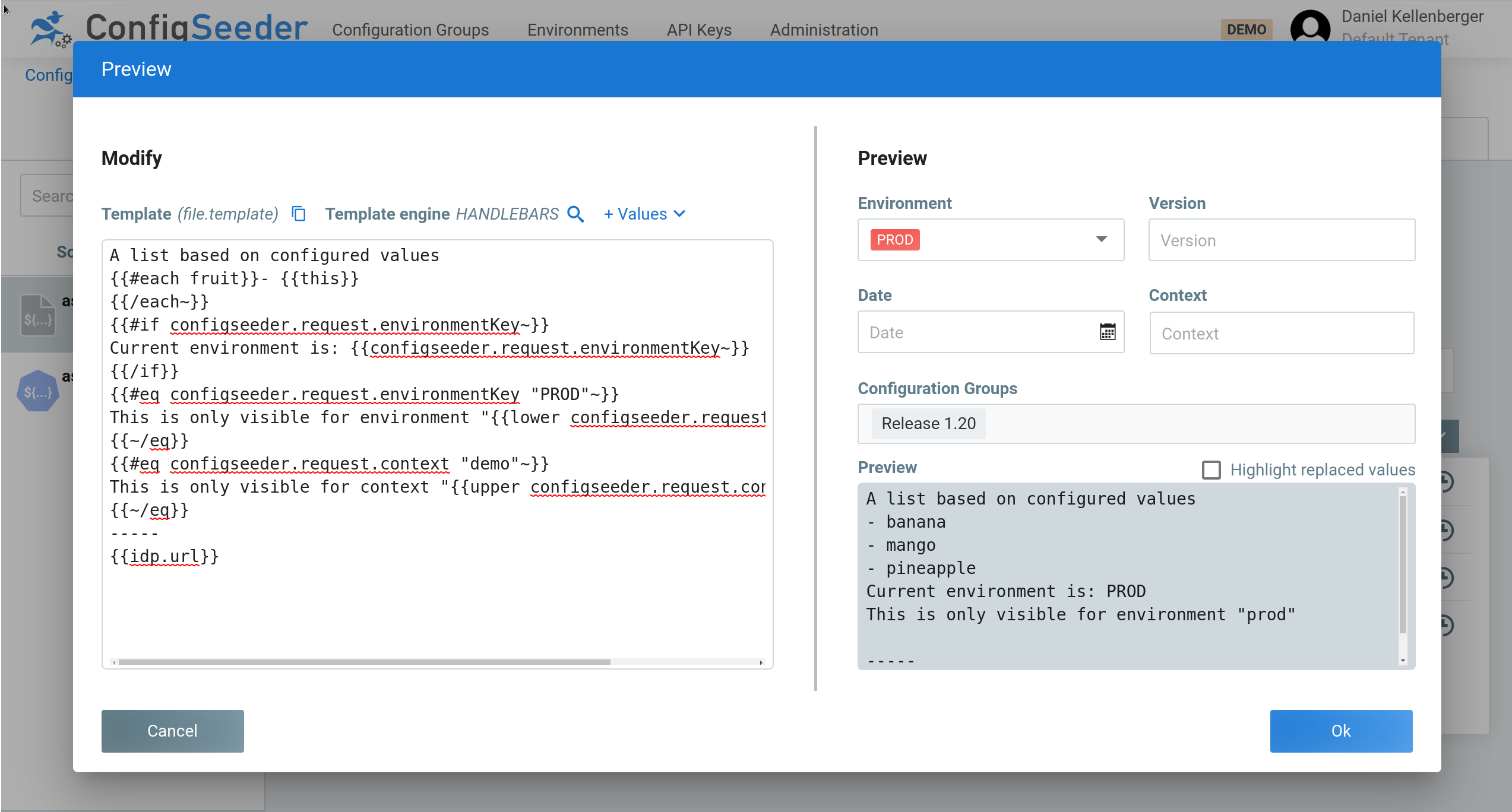 Configuration assembly preview for _Handlebars_ template
