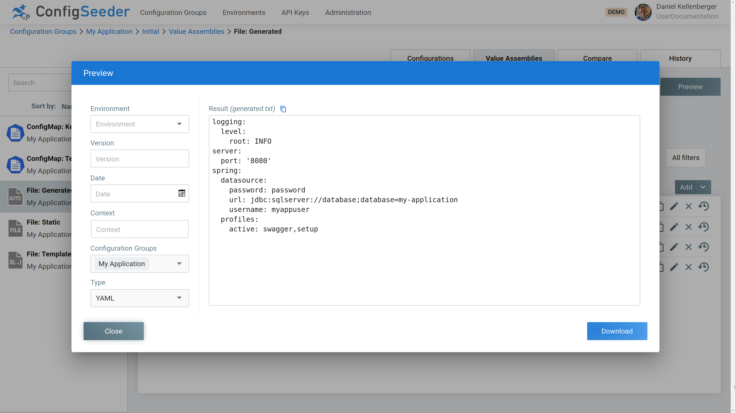 Configuration assembly preview for file generated