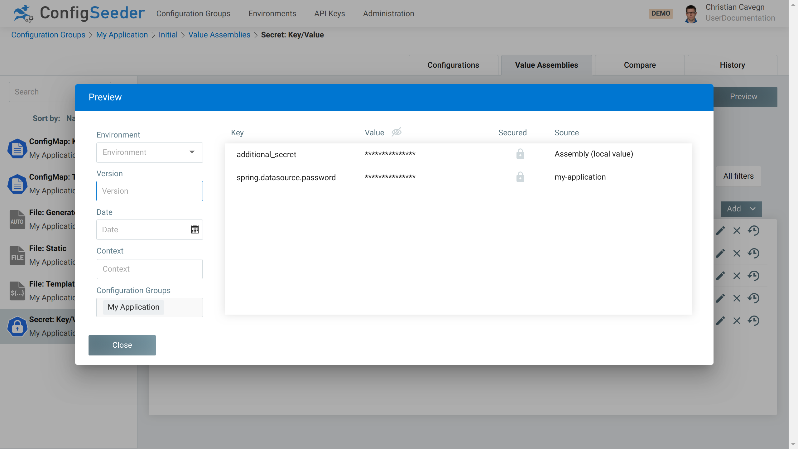 Configuration assembly preview for Secret Key/Value