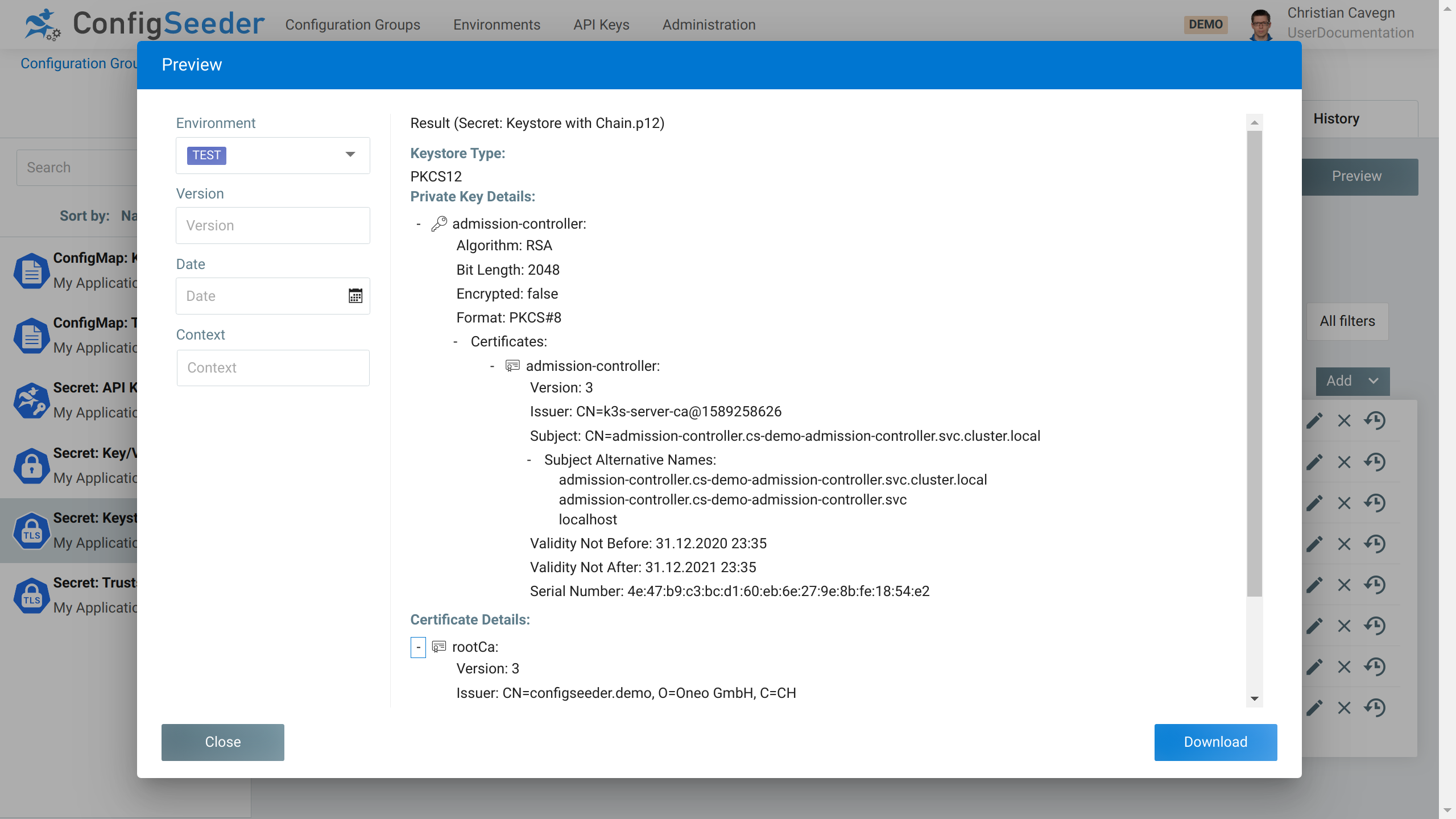 Configuration assembly preview for secret keystore