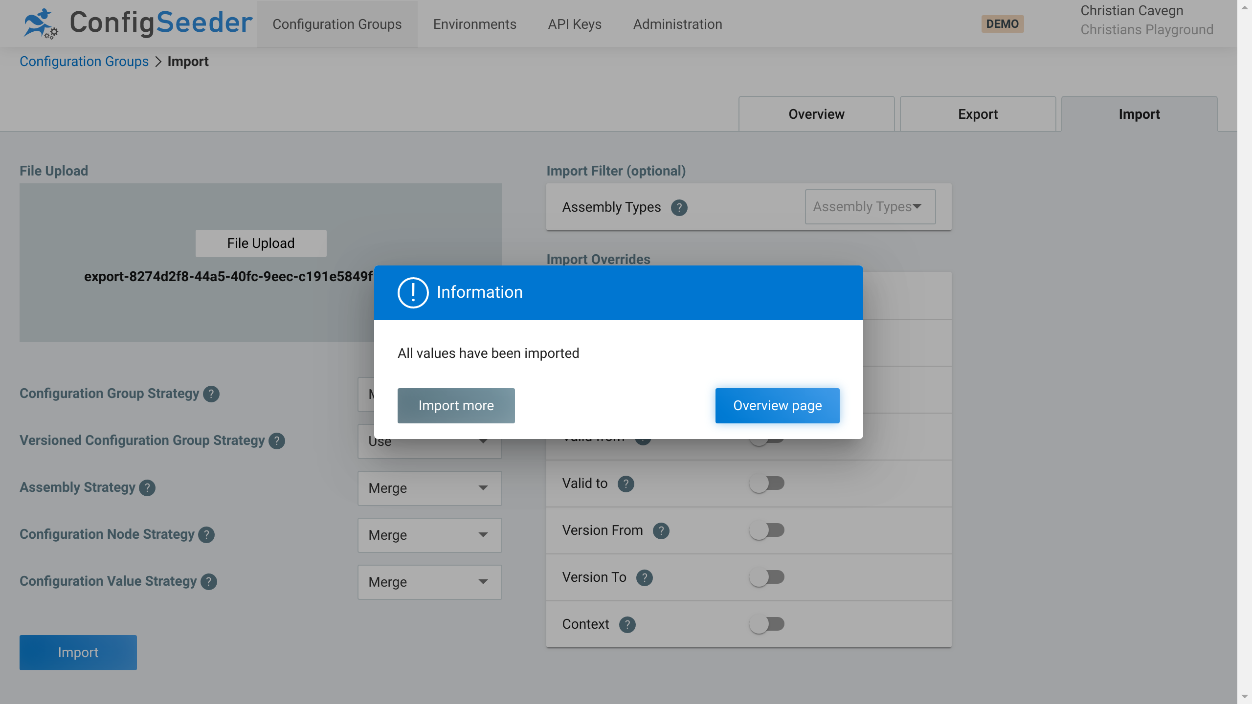 Import of configuration groups confirmed