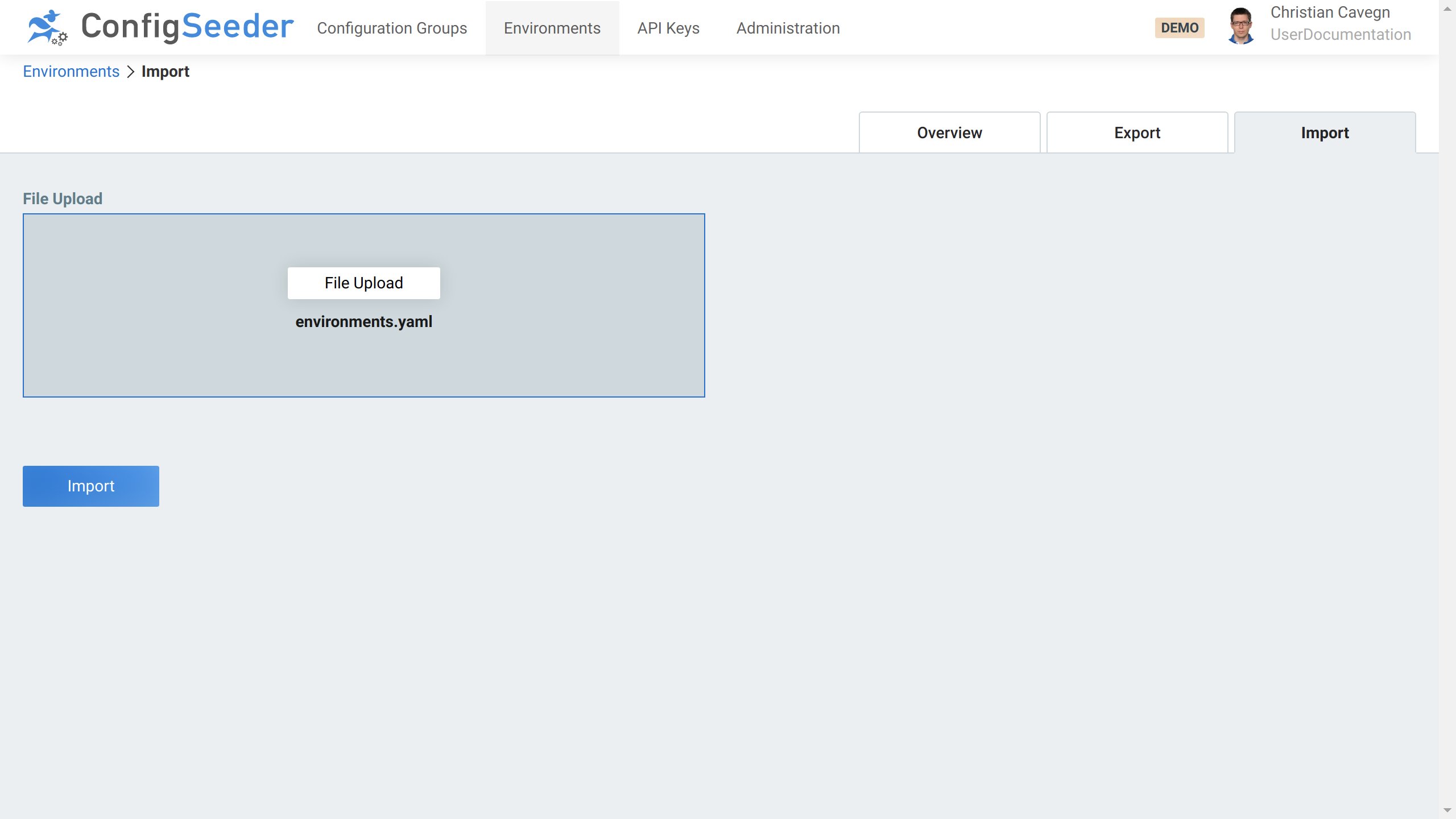 Import environments from a file