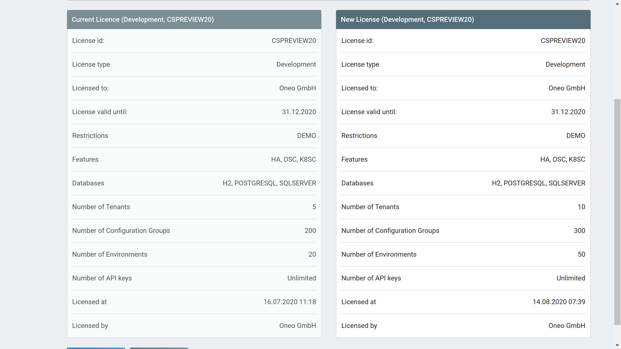 Compare the license details