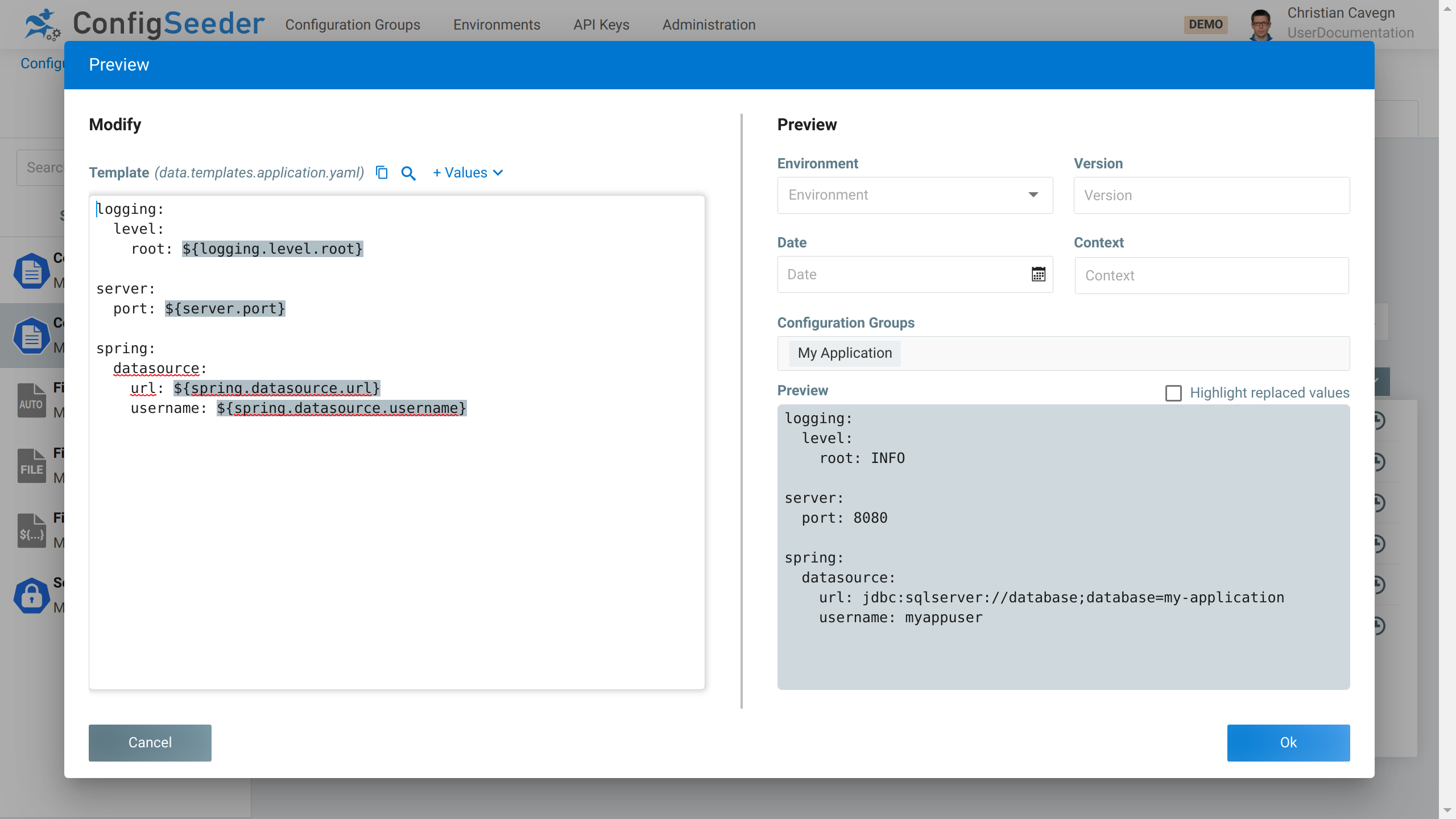 Configuration assembly preview for configmap template