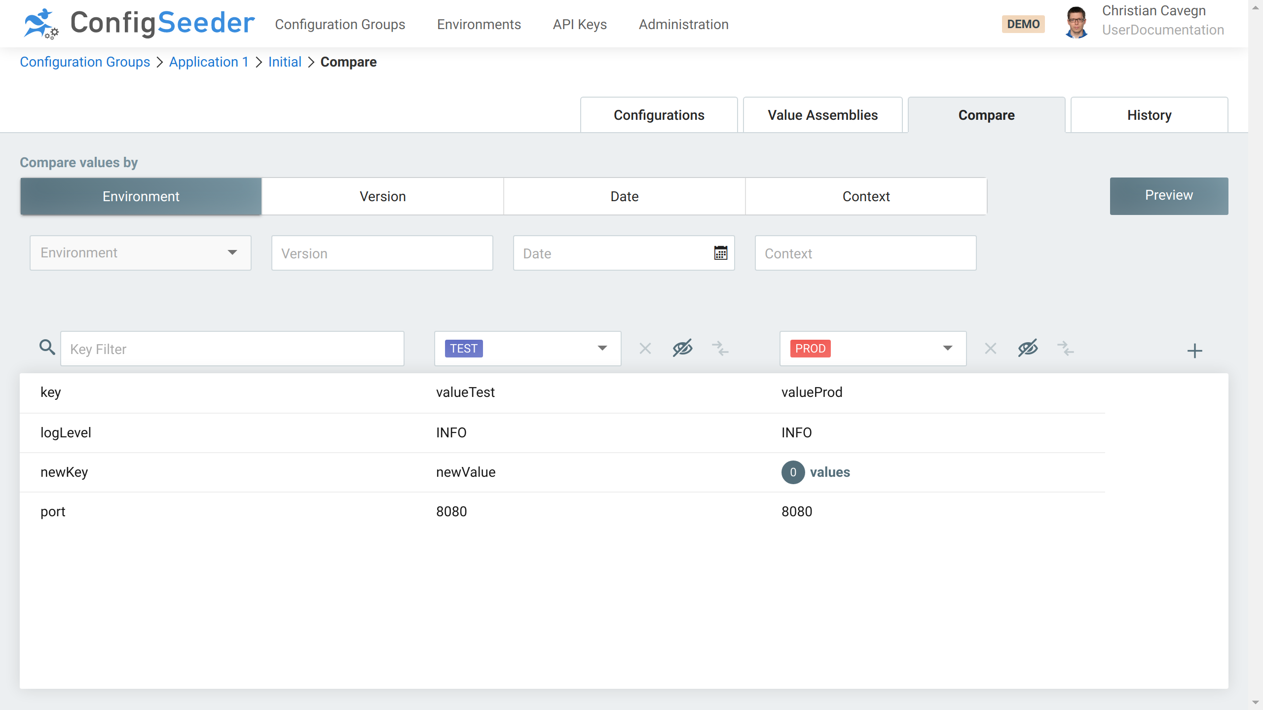 Compare environments