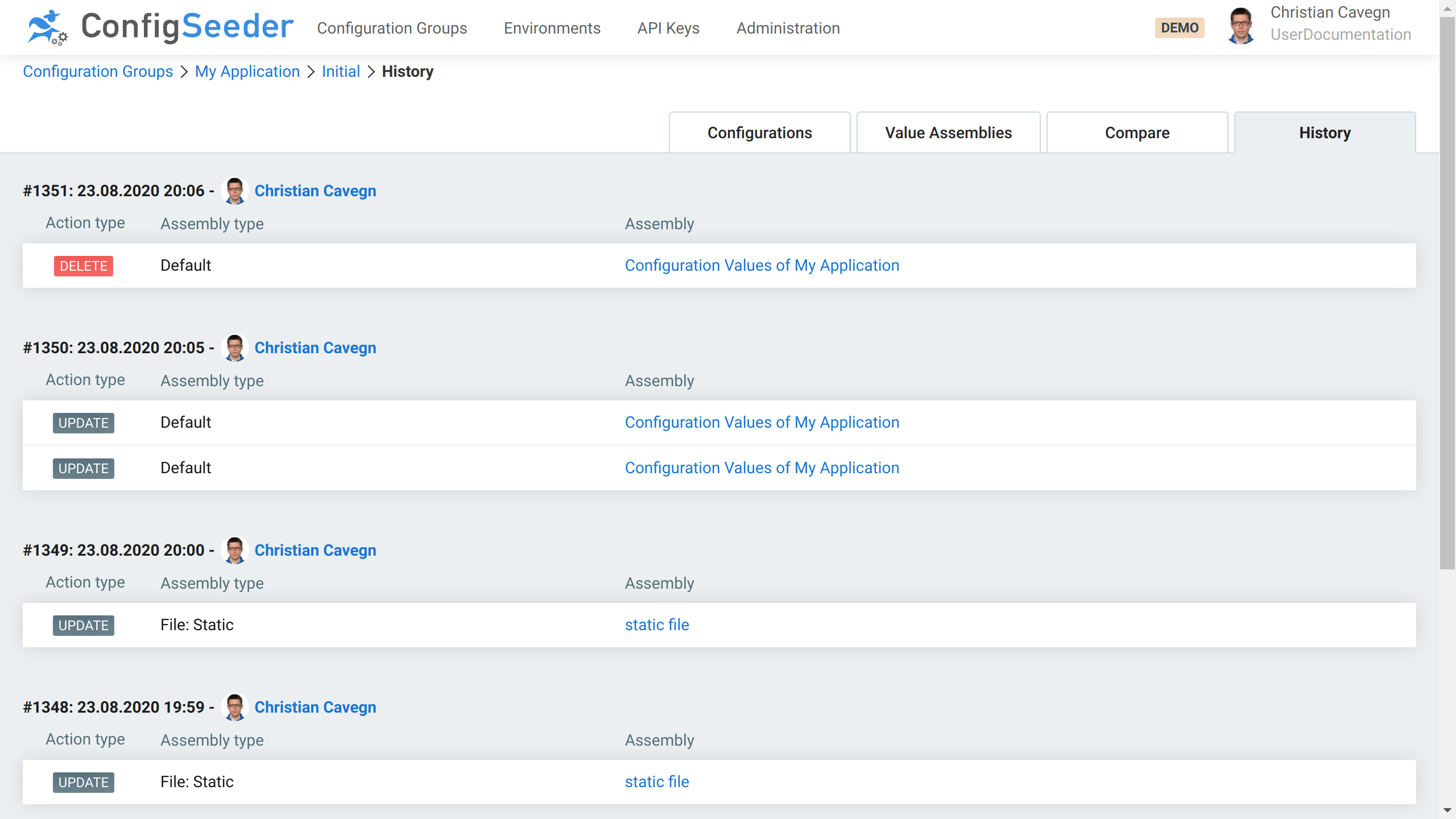 History of a configuration group