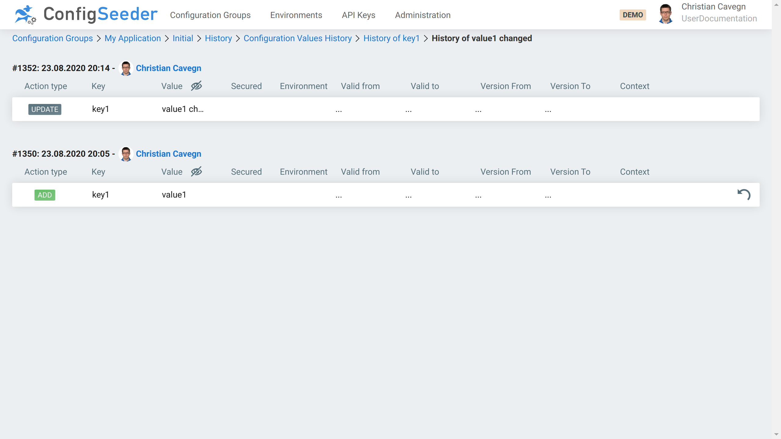 History of a configuration node