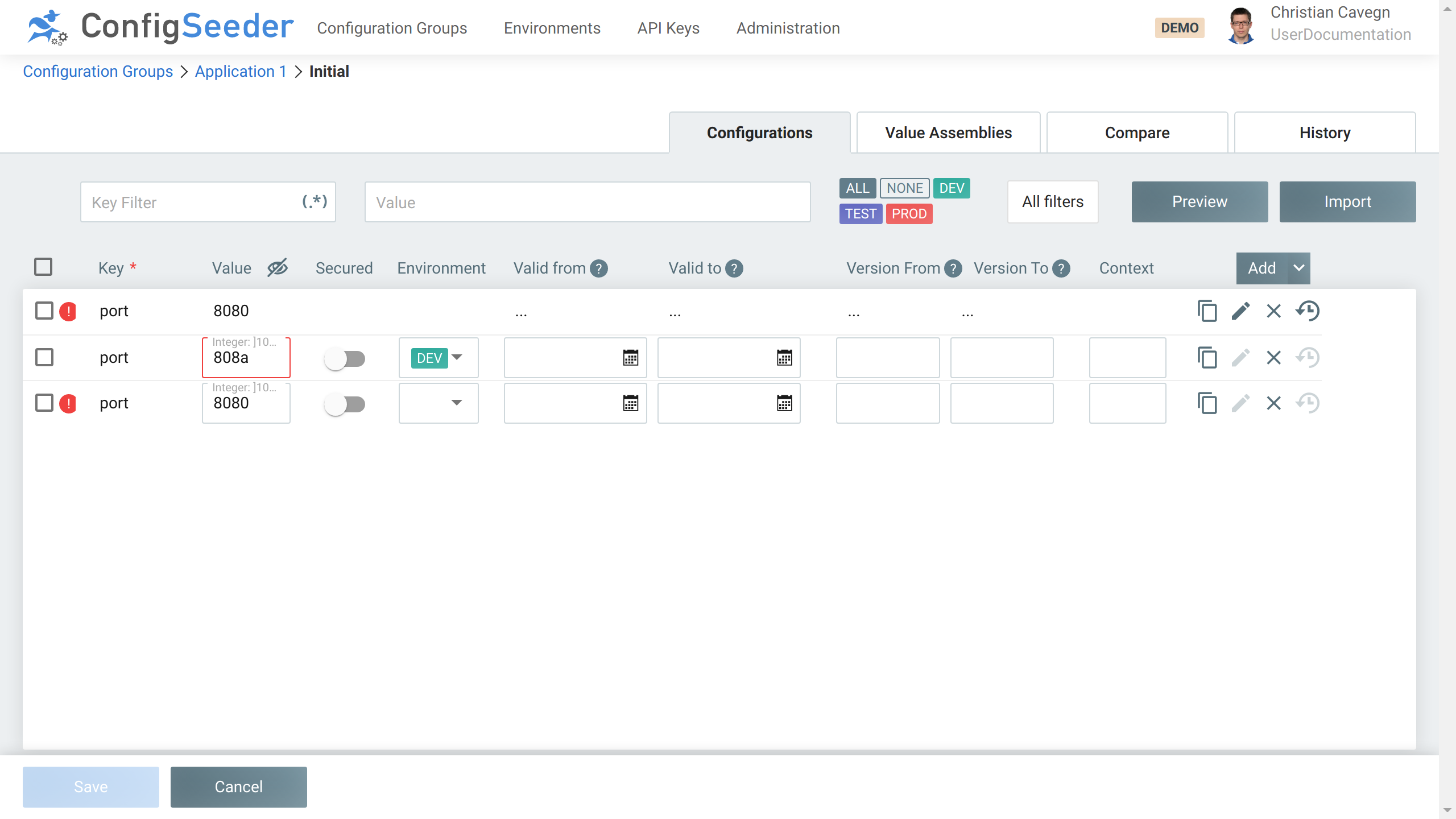 Cloned Values with validation errors