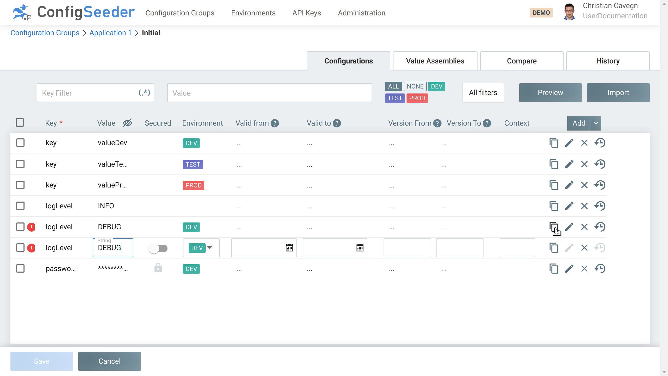 Configuration value cloned