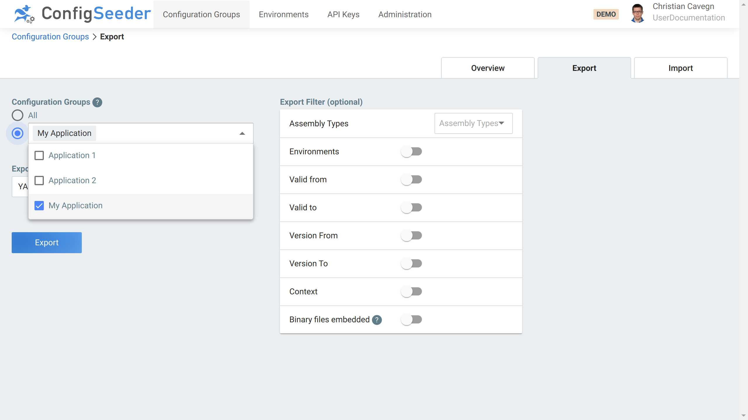 Export configuration group(s) to a file