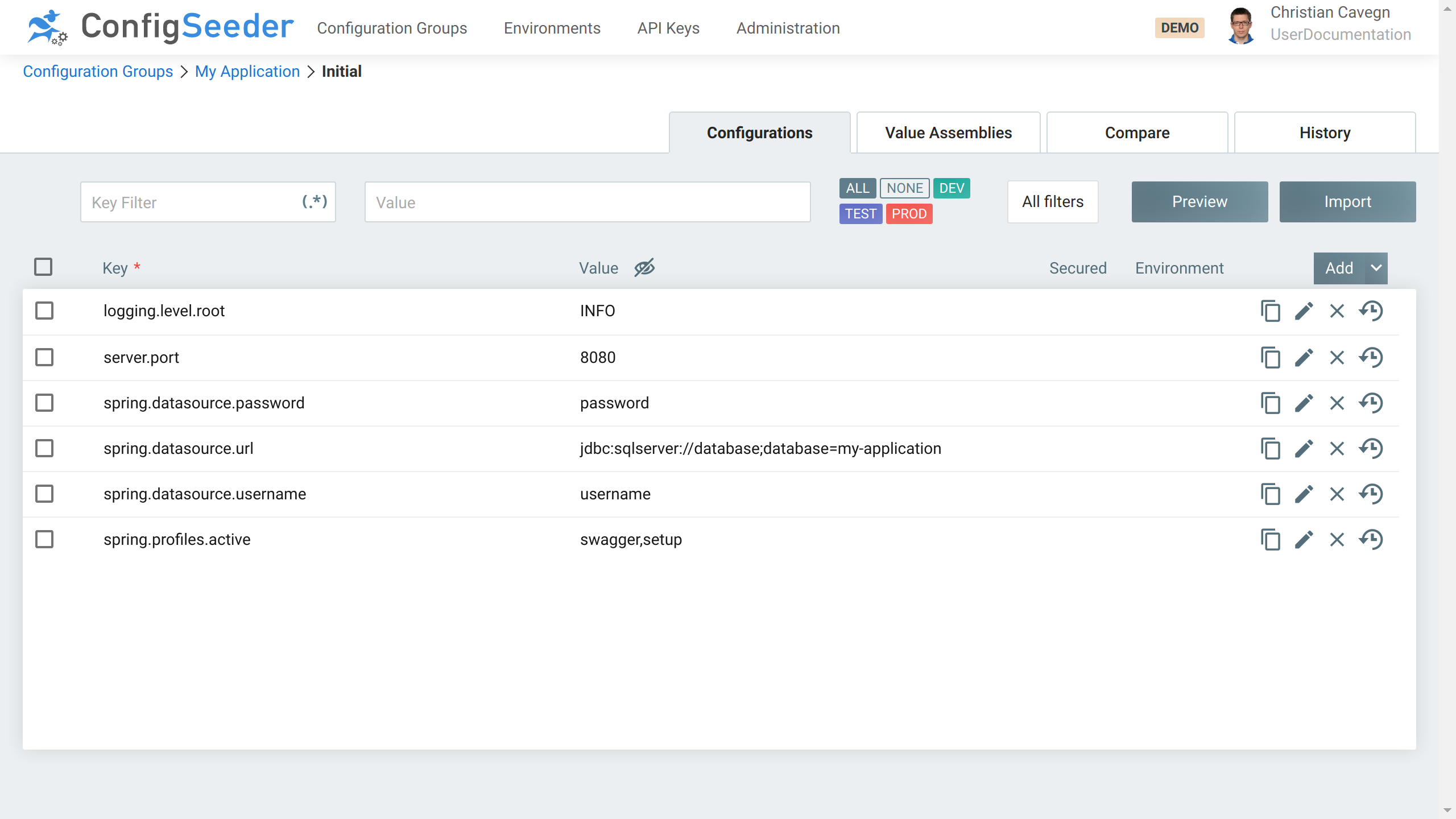 Result of an imported configuration file