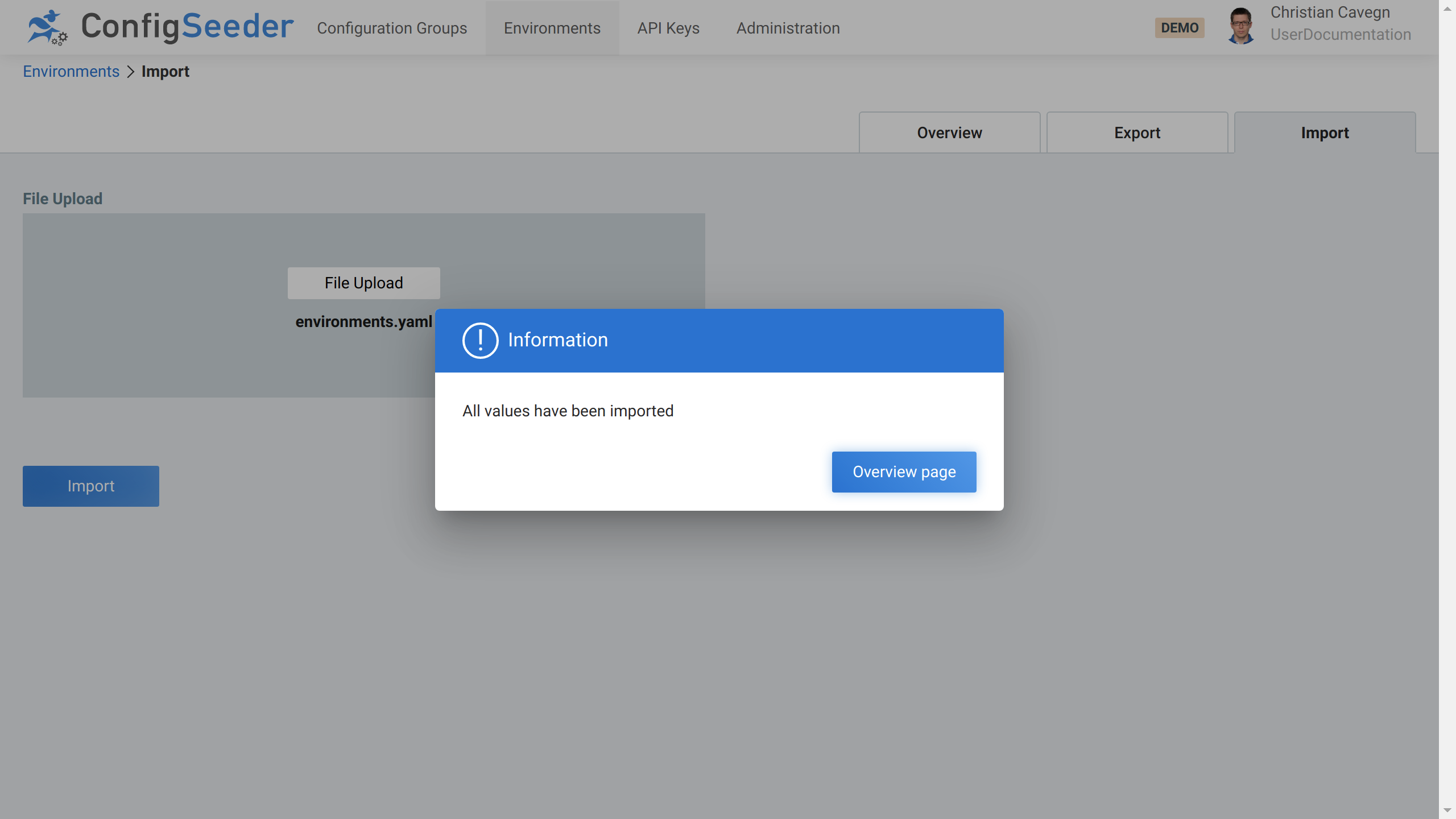 Import of environments confirmed