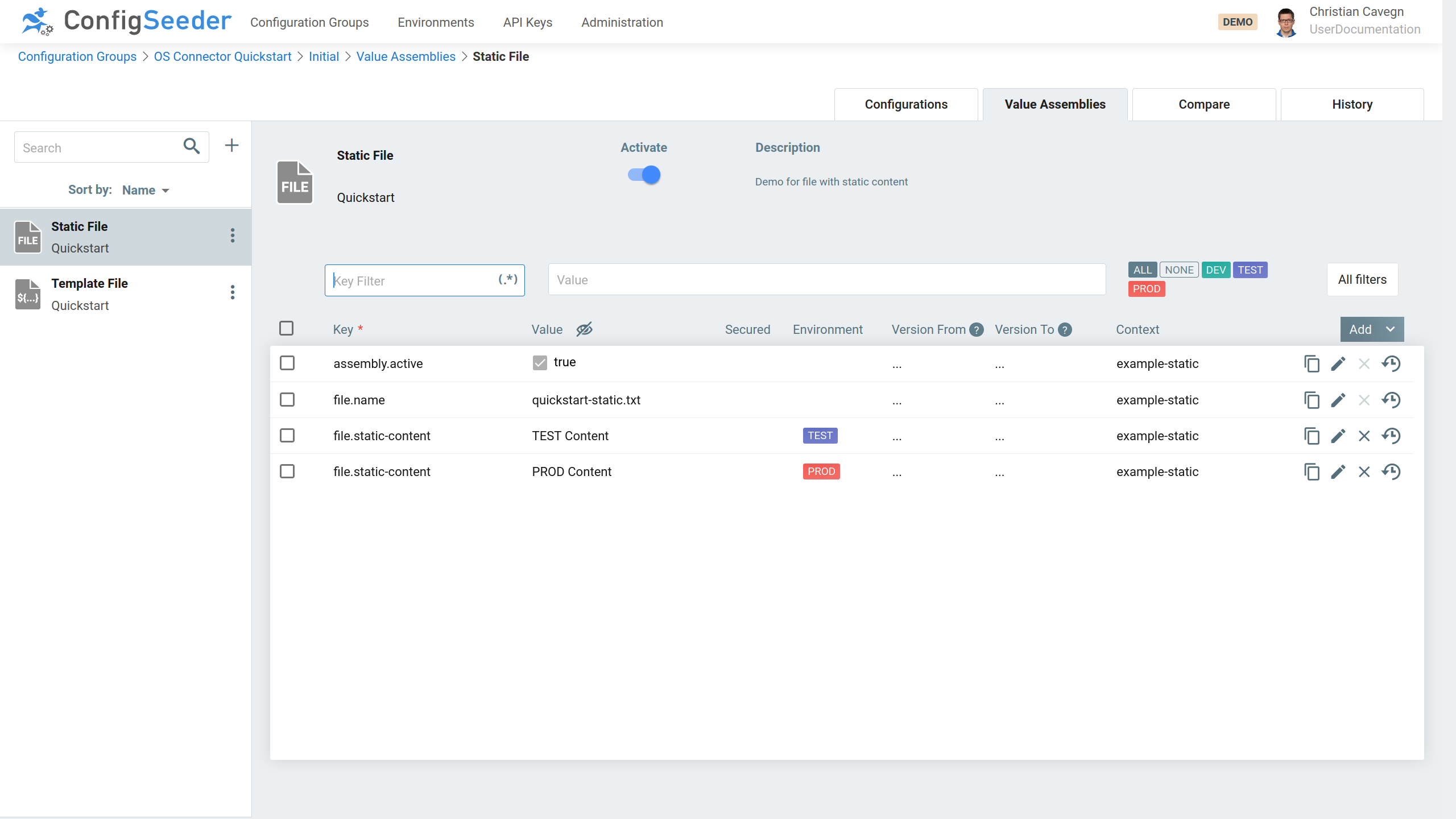 Create Config Values for static-file TEST